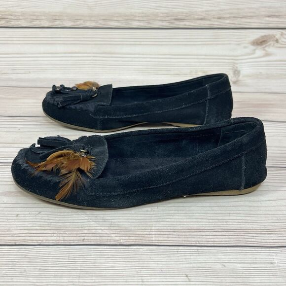 Minnetonka Moccasin Womens 7 Black Suede Leather Flats Feather Tassel Moc Loafer - Picture 11 of 14